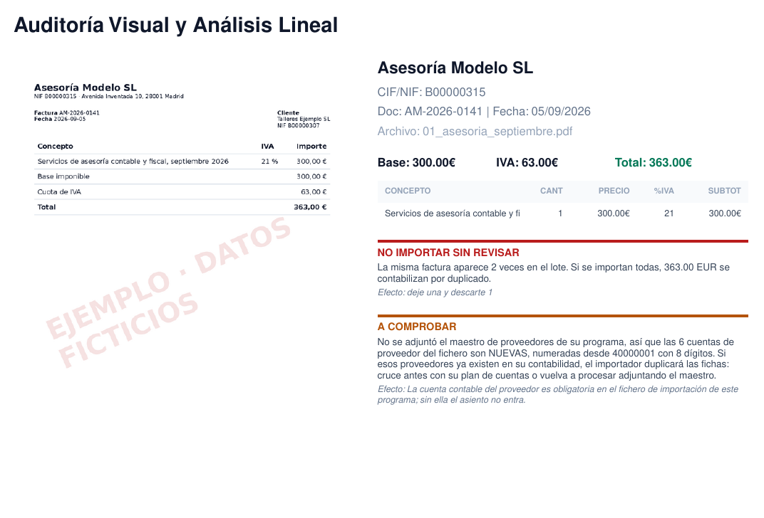 La ficha de una factura de ejemplo junto a su miniatura, con sus importes, sus líneas y su dictamen