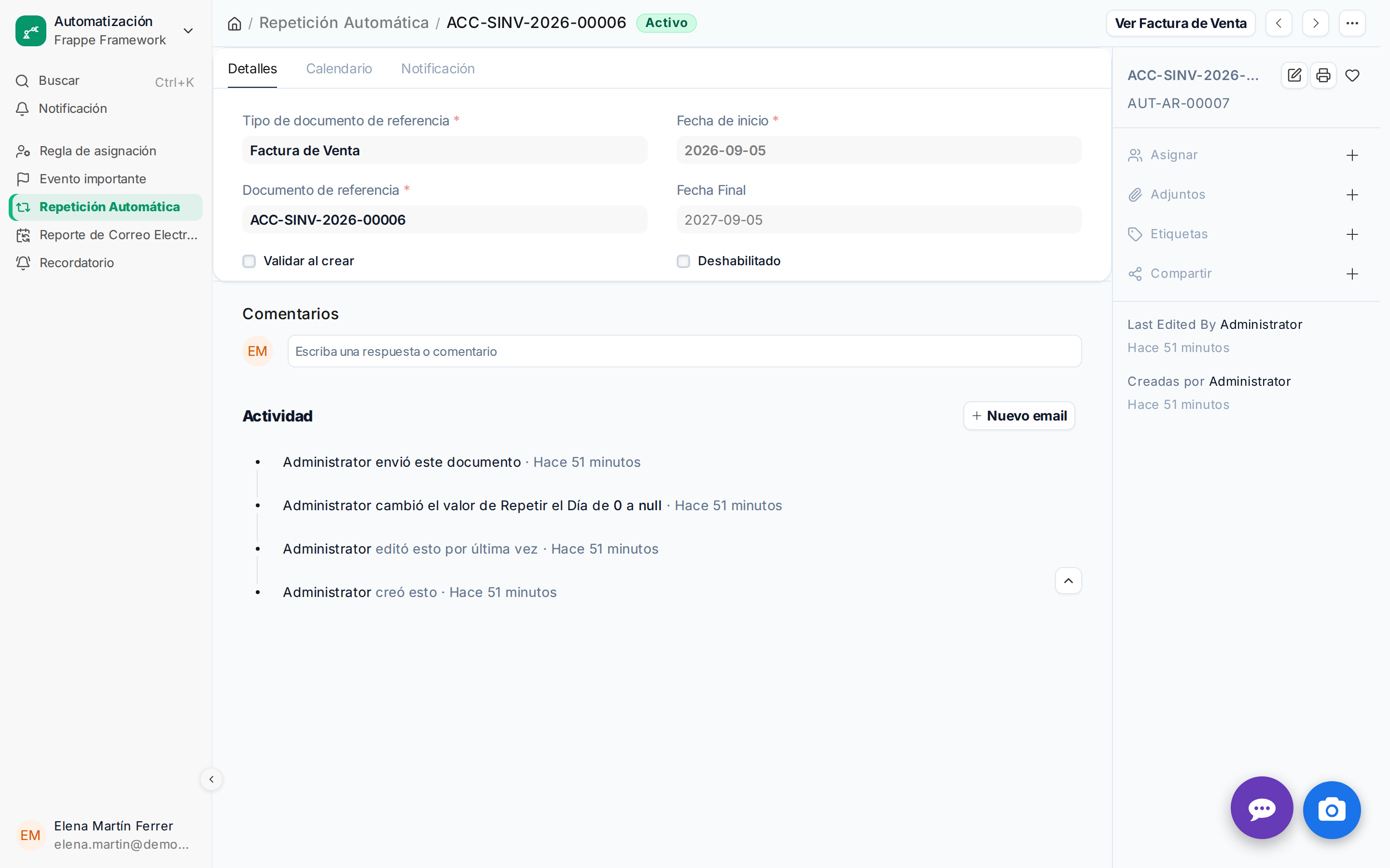 El panel de 'Repetición Automática' mostrando una configuración mensual con el envío por email activado