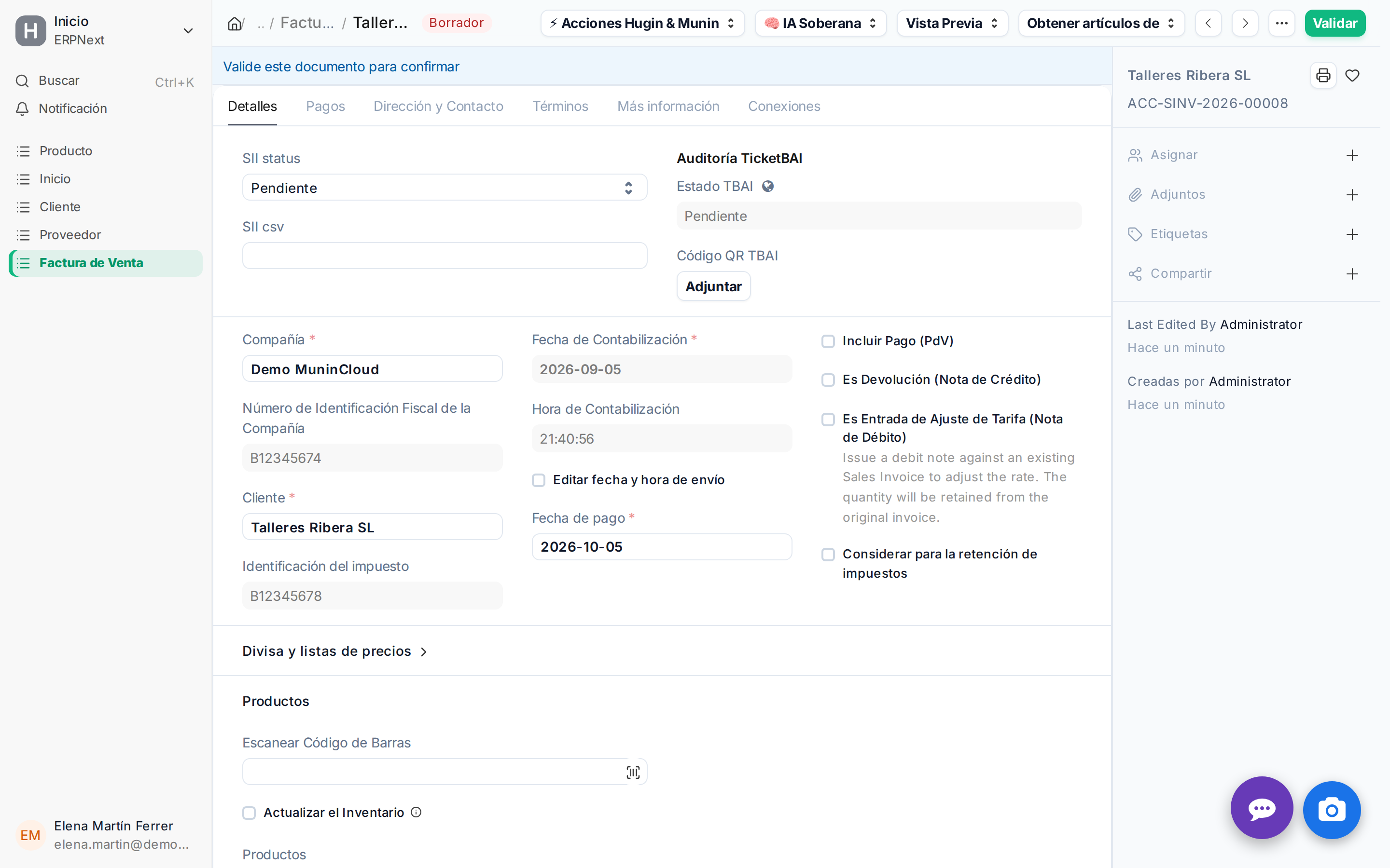 El flujo de creación: El botón 'Crear -> Factura de venta' y el resultado de la factura con la línea de horas calculada y totalizada