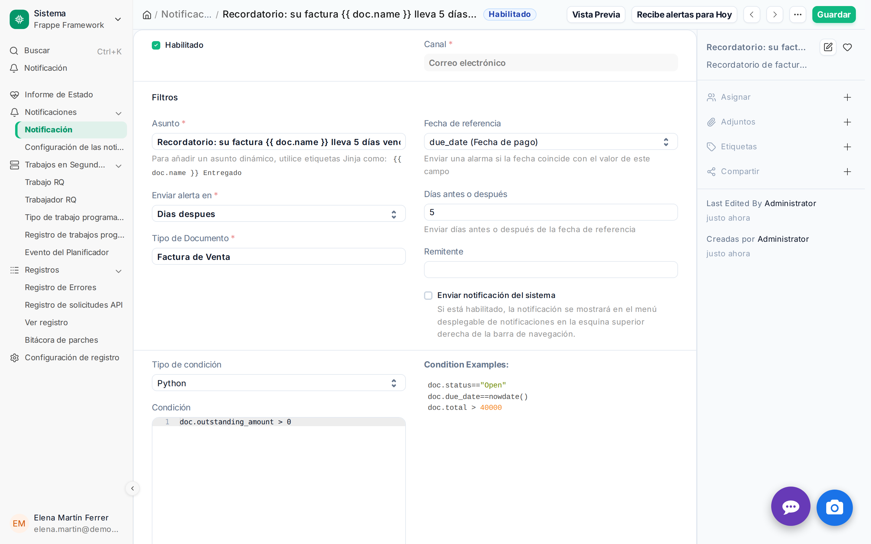 La configuración de un Recordatorio de Pago Automático (Auto Email) programado para saltar cuando una factura lleva 5 días vencida