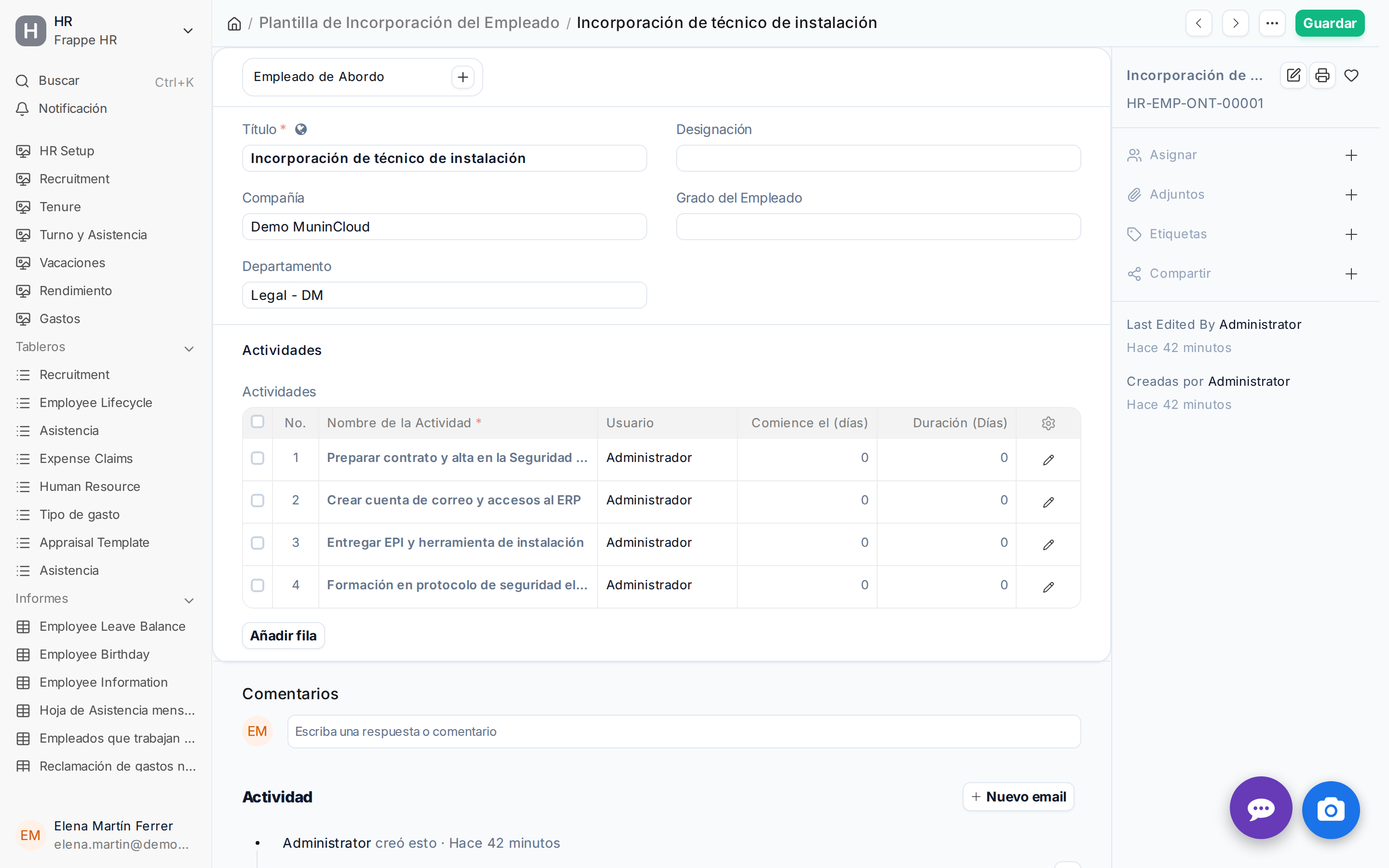 Una plantilla de Onboarding abierta, mostrando un listado de tareas asignadas automáticamente a distintos usuarios del sistema